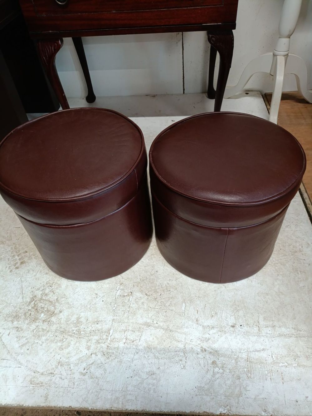 Lot 360: Pair of small brown leather footstools with removable...
