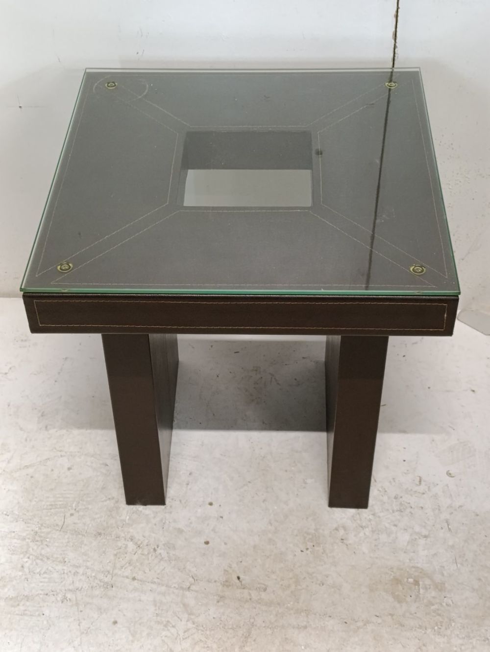 Lot 366: Brown leather look small coffee table with glass...