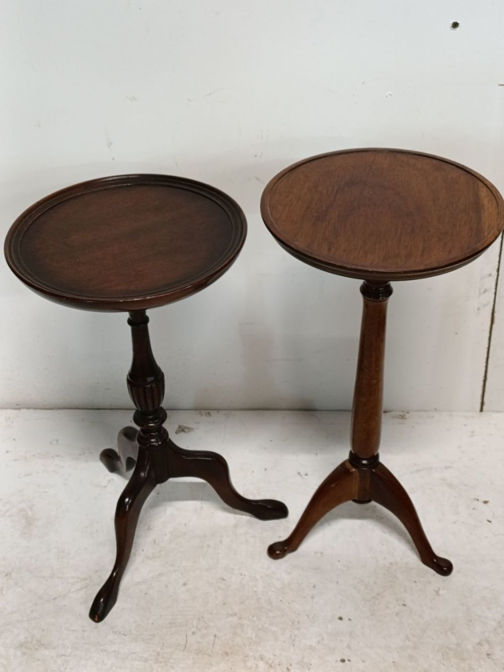 Lot 380: Pair of 3 legged dark wood dish top...