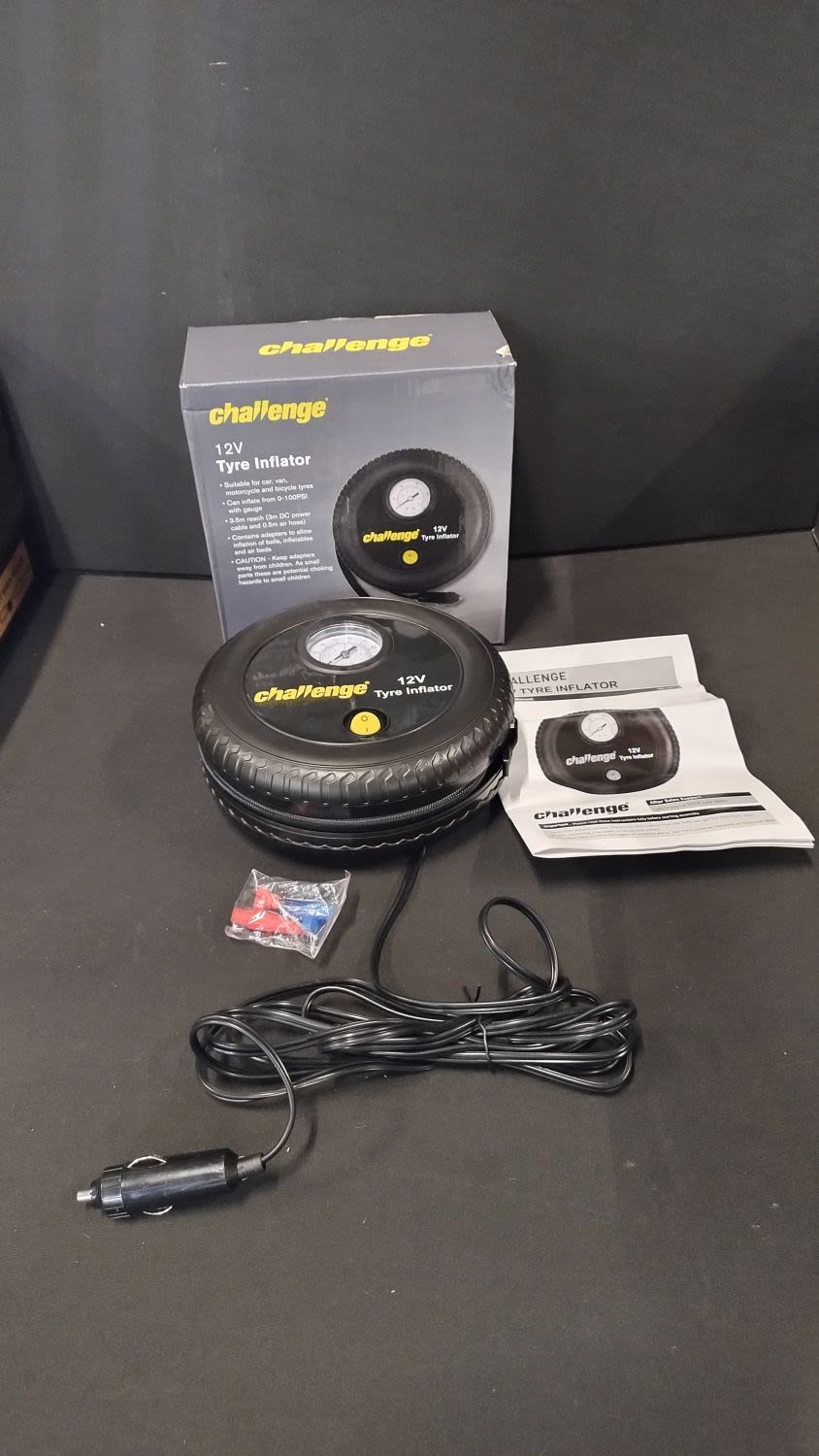 Lot 434: Twelve challenge portable 12 volt car tyre inflator...