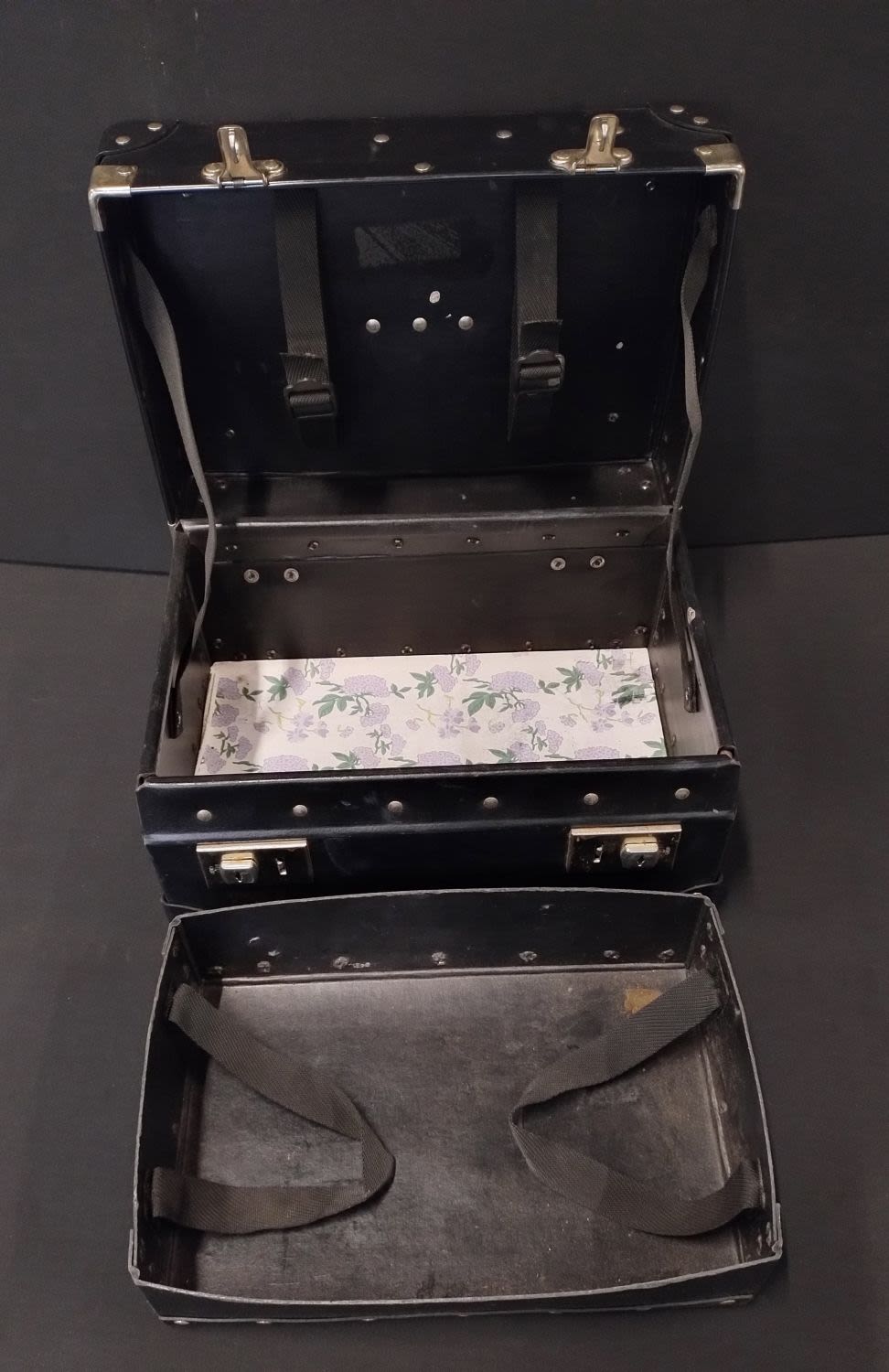 Lot 439: Black Vintage lockable studded case with removable inner...