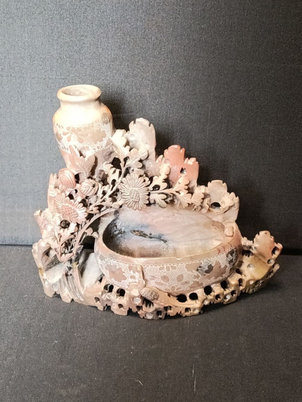 Lot 452: Vintage Soapstone carving of flowers and birds around...