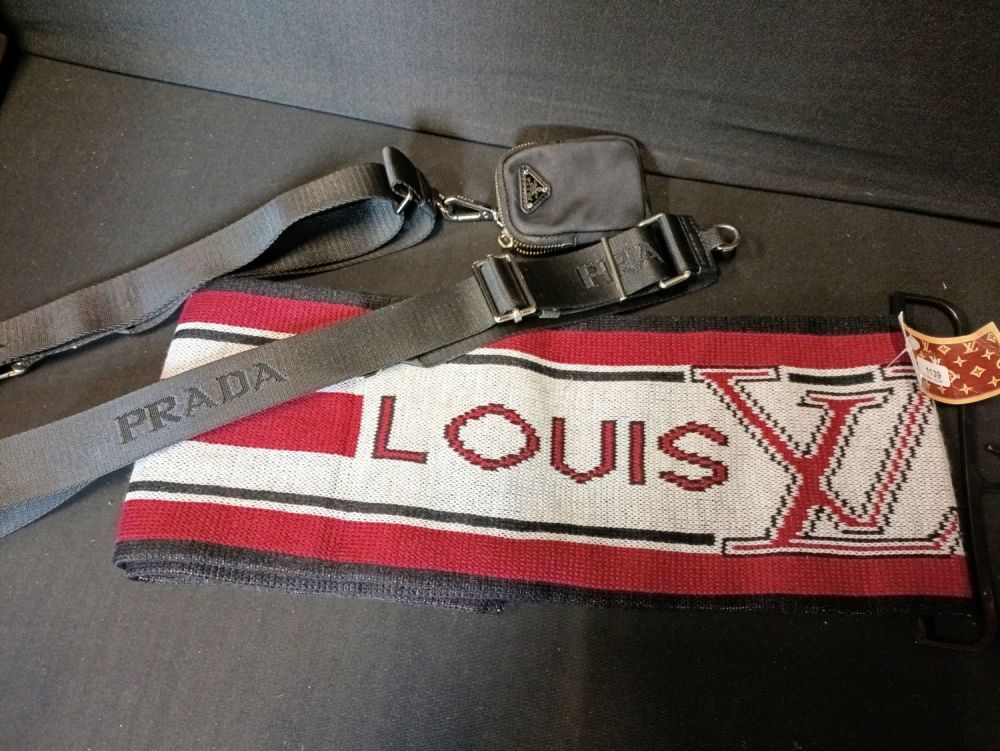 Lot 463: Designer scarf and bag straps with miniature bag