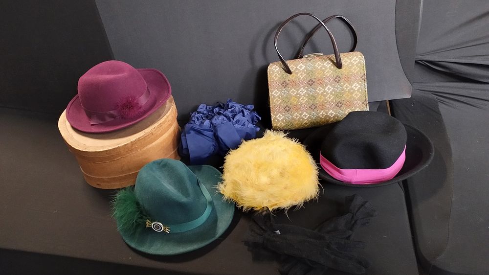 Lot 403: Vintage Welsh tapestry handbag, wool trilbies, yellow feather...
