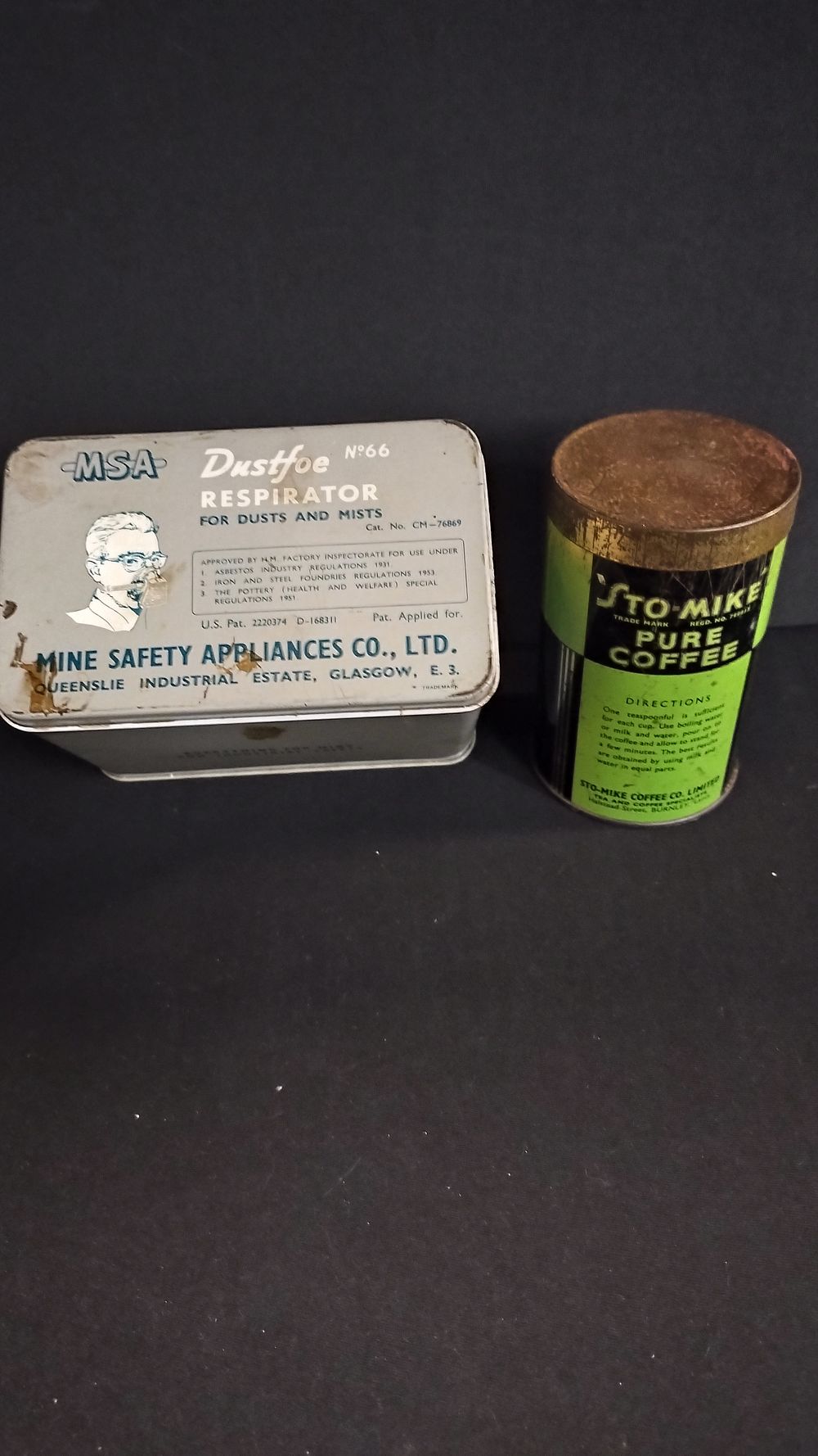 Lot 409: Two vintage tins, Sto-Mike pure coffee, MSA Dustfoe...