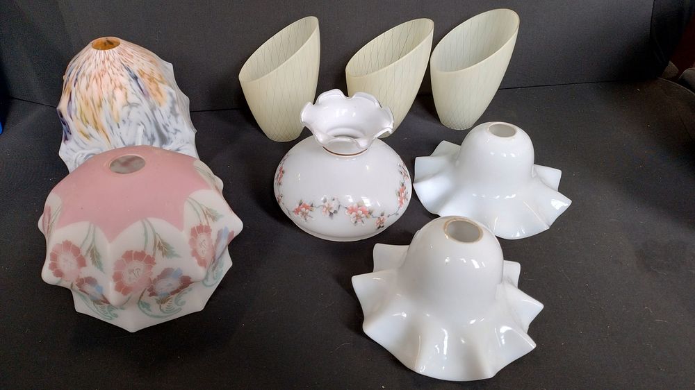 Lot 346: Eight vintage glass light shades different colours and...