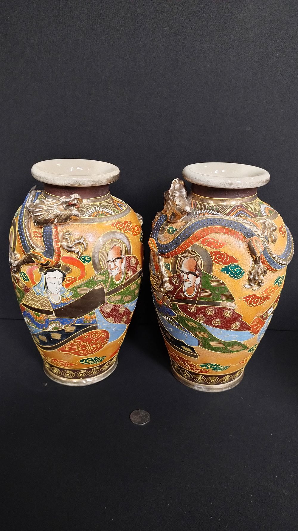 Lot 350: Pair of Japanese satsuma vases with dragons adorning...