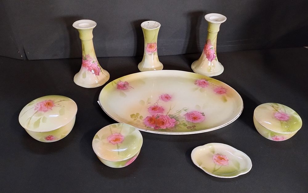 Lot 99: Vintage dressing table set in rose design, large...