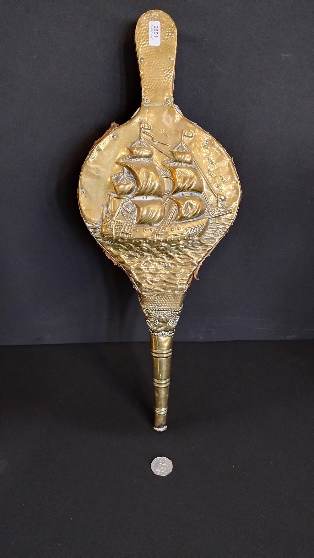 Lot 107: Vintage air bellows decorated with sailing ship pattern...