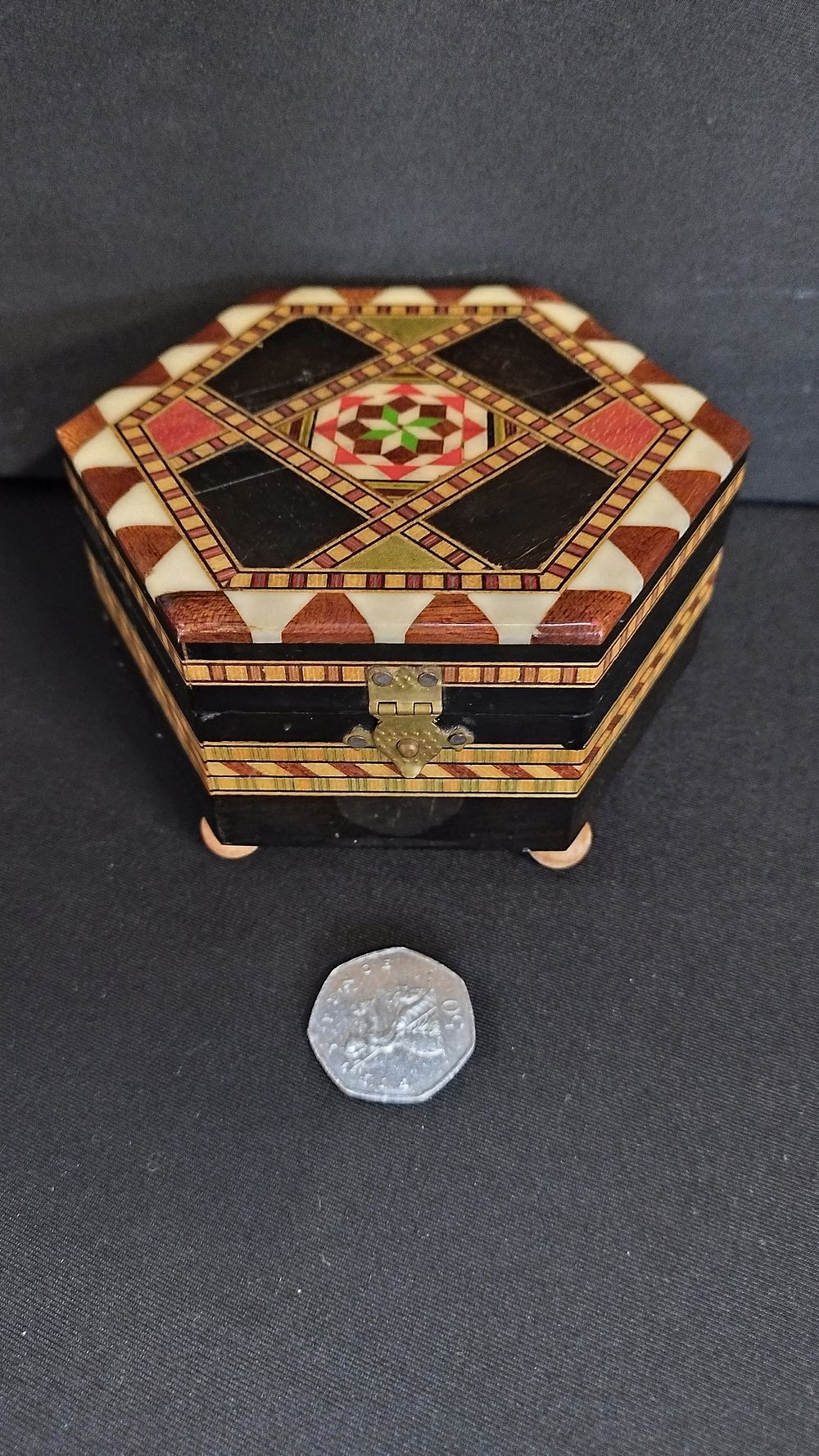 Lot 114: Hexagon Marquetry Lacquered Mosaic Wood Inlay Jewelry Box...