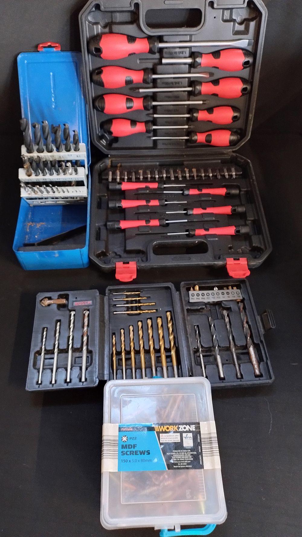 Lot 280: Powerfix screwdrivers, workzone MDF screws, Bosch drill bits,...