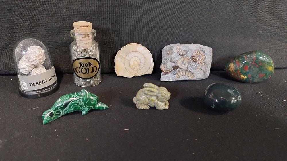 Lot 286: Collection of fossils and crystals including Desert Rose,...