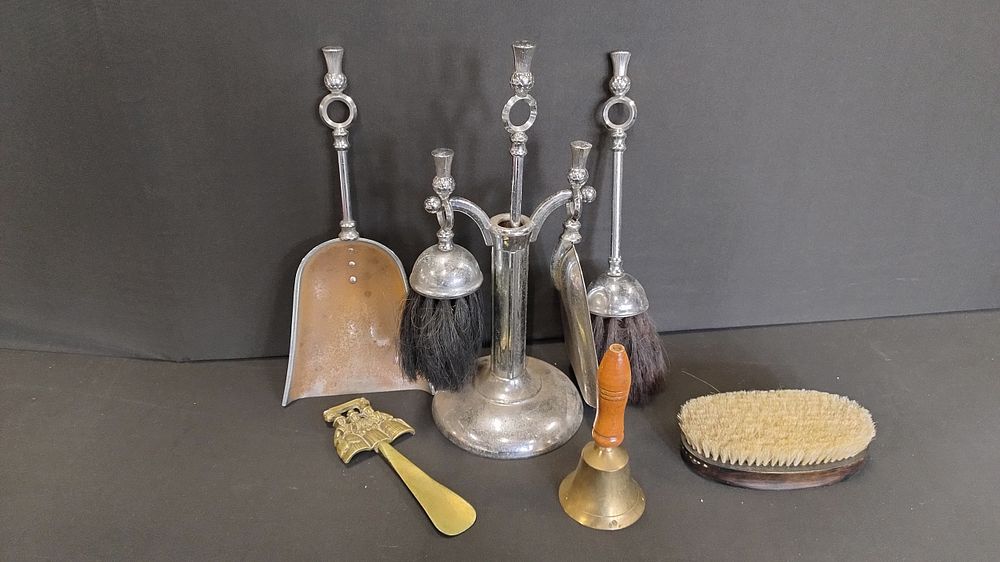 Lot 333: Chrome fireside companion with thistle tops , brasses,...