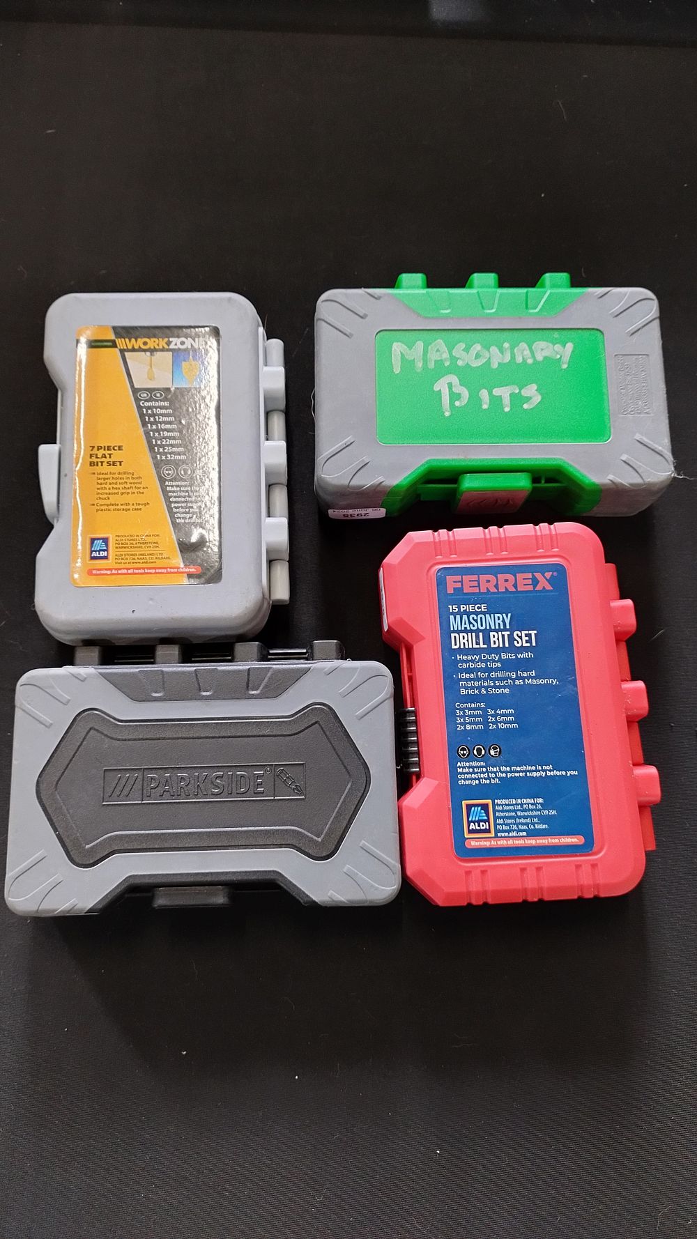 Lot 348: Work zone 7piece flat bits, ferrex masonry drill...