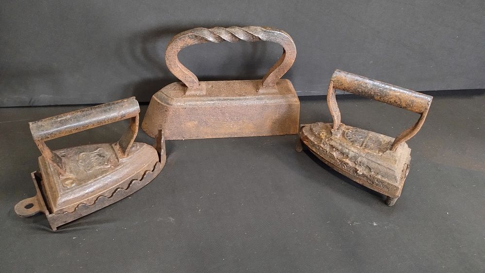Lot 45: 3 vintage irons, flat irons and bases and...