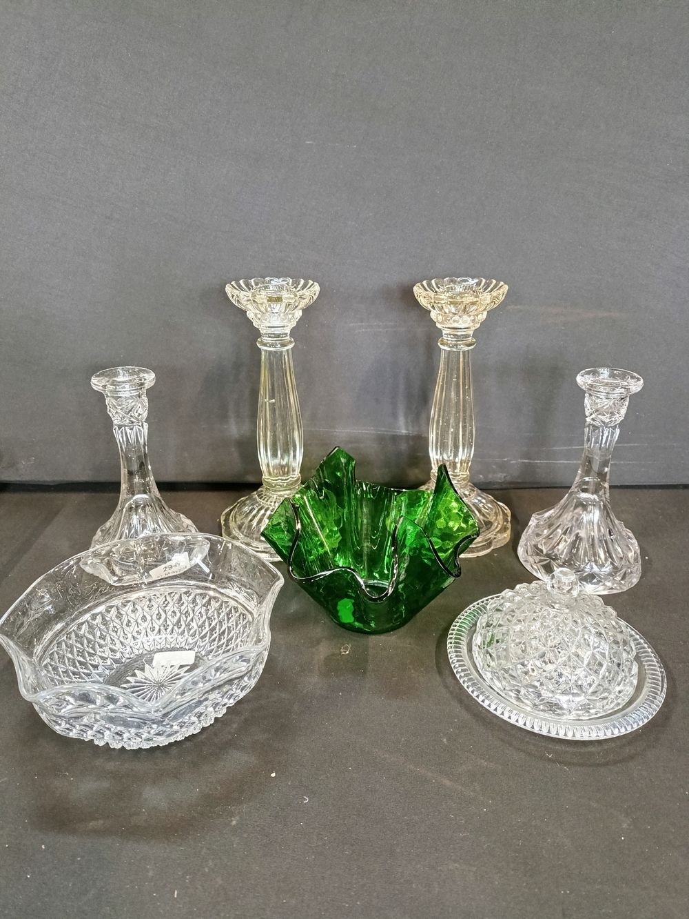 Lot 72: Selection of glassware including candlesticks, green art glass...