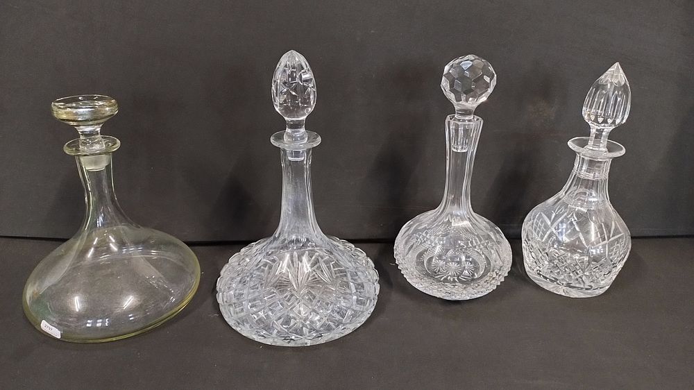Lot 138: 4 glass and crystal decanters, 2 ships ,...