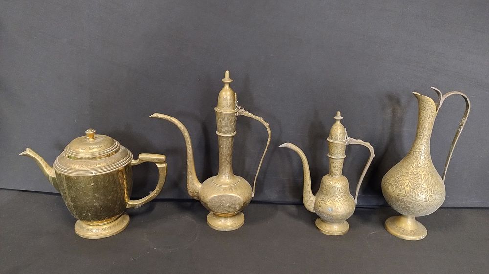 Lot 143: 4 Indian brass items including teapot, coffee pots