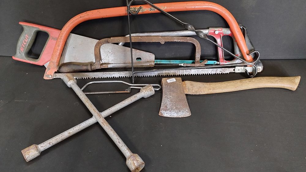 Lot 150: Selection of tools including,axe, hacksaws car tyre iron
