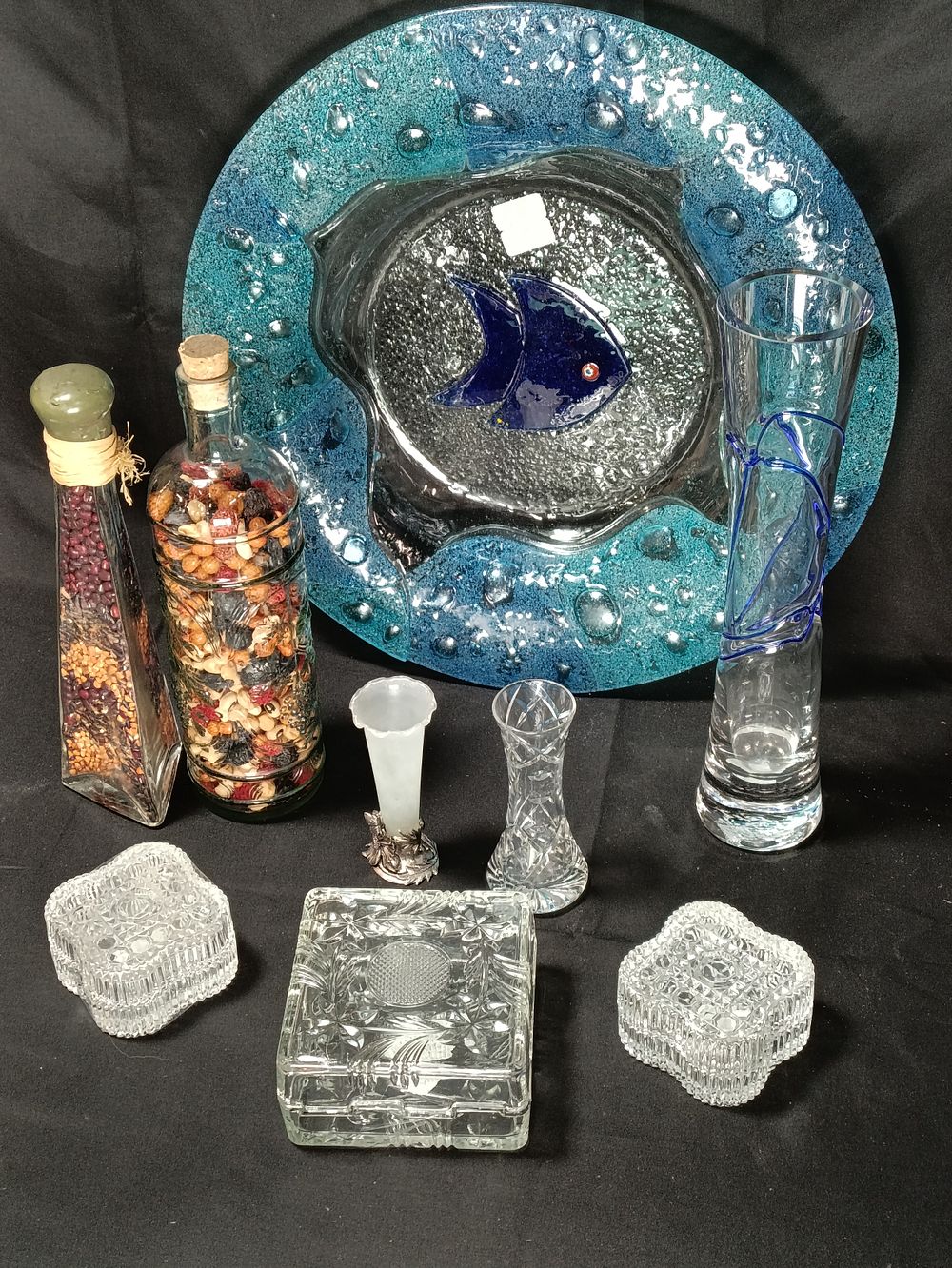Lot 242: Selection of glass including vases, trinket boxes, bottles...