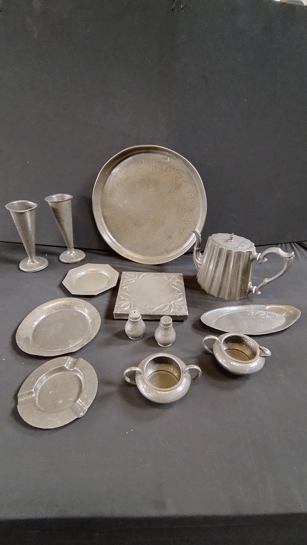 Lot 268: Collection of vintage pewter items, teapot, vases, salt...