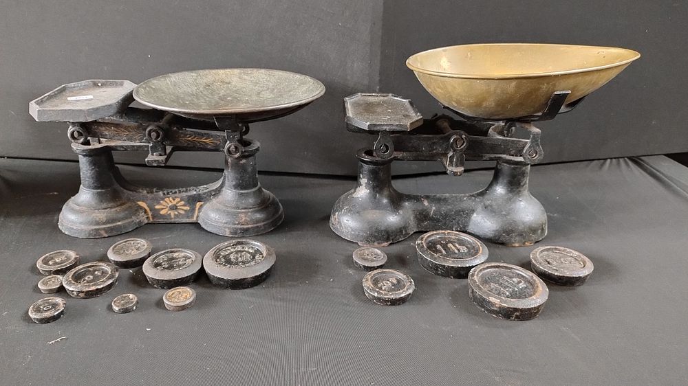 Lot 269: Two vintage weighing scales and weights one with...