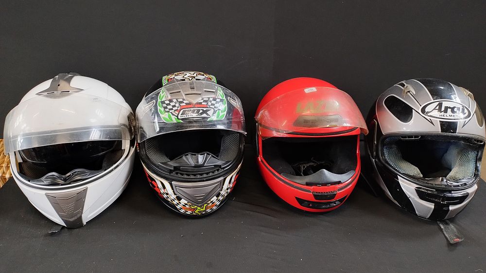 Lot 281: 4 motorbike helmets various sizes and styles