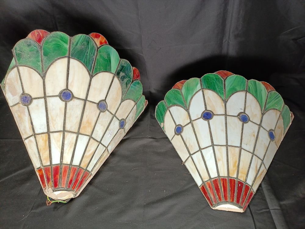 Lot 292: Pair of Tiffany style stained glass wall lamps,...