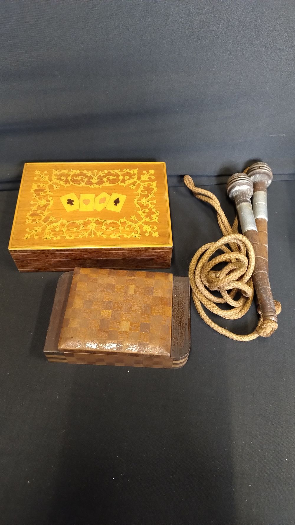 Lot 307: Small vintage marquetry box, and a vintage skipping...
