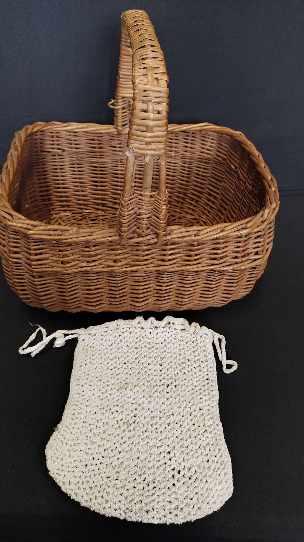 Lot 308: Vintage crochet bag in cream, and a wicker...