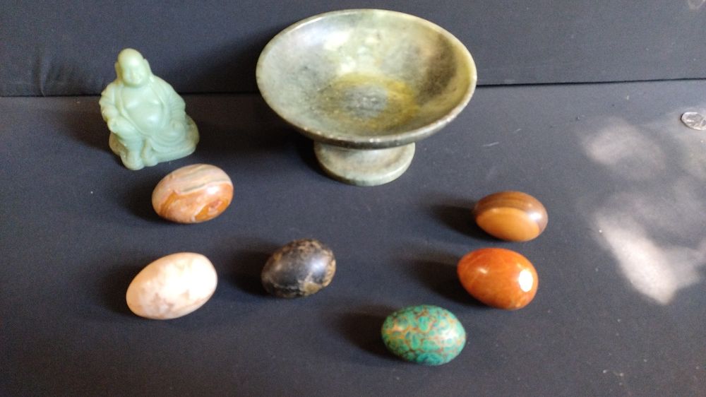 Lot 393: Green Soapstone pedestal dish measures 4 x 10in,...