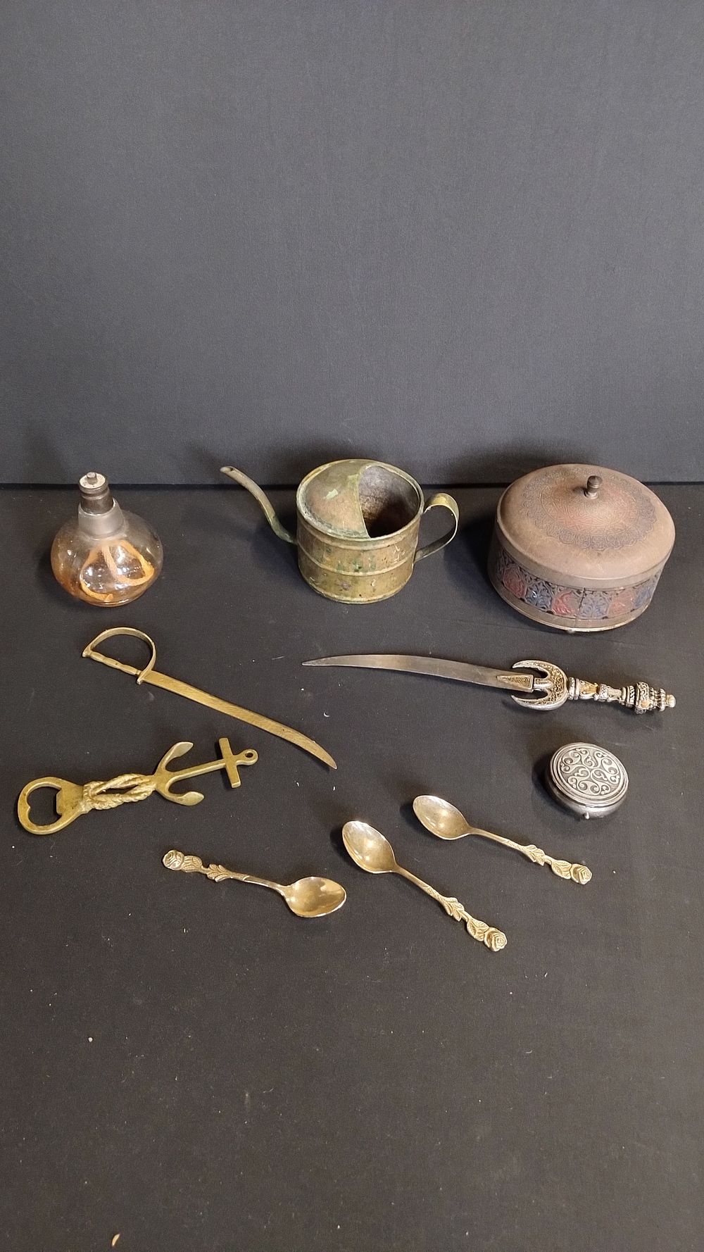 Lot 418: Brass items including 3 gold plated teaspoons,