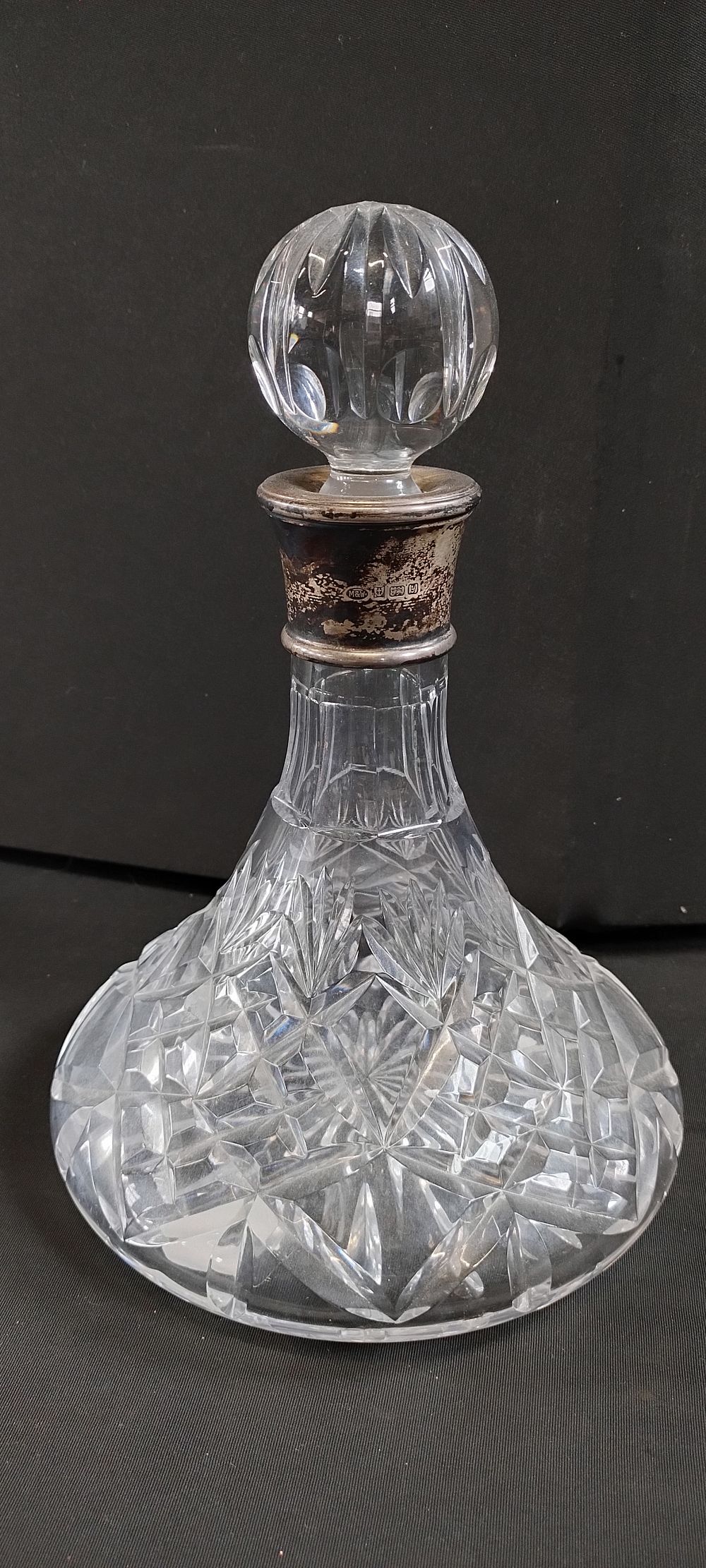Lot 466: Sterling silver topped crystal ships decanter with stopper,...