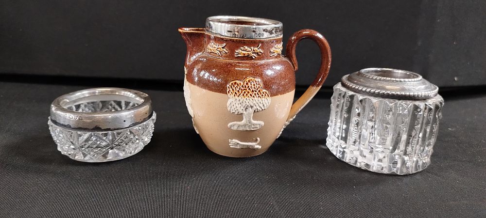 Lot 470: 3 sterling silver topped pot Doulton jar, and...