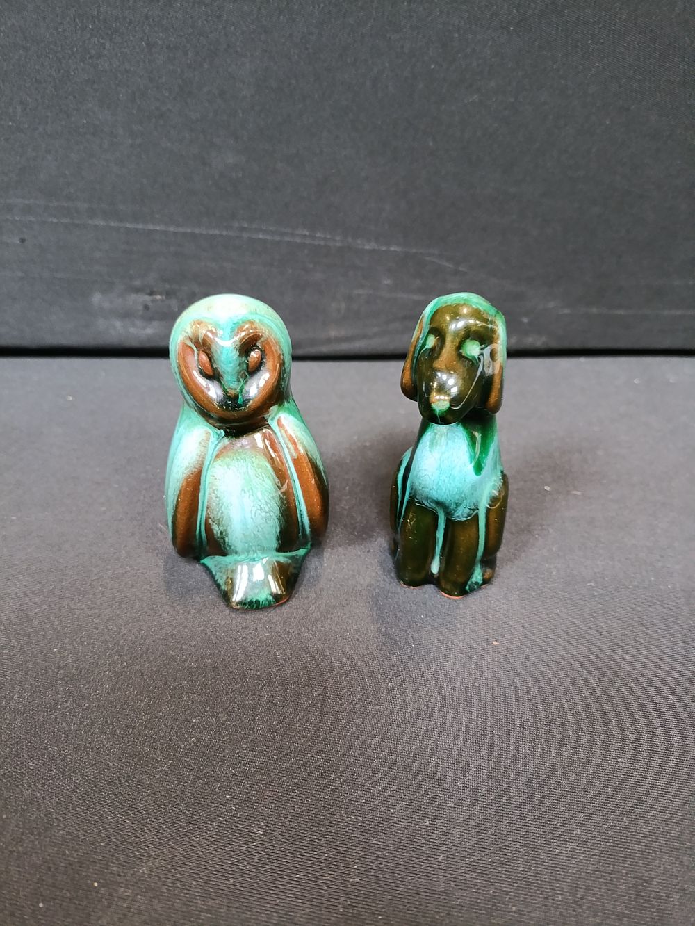 Lot 85: Blue Mountain pottery style owl and dog figurines...