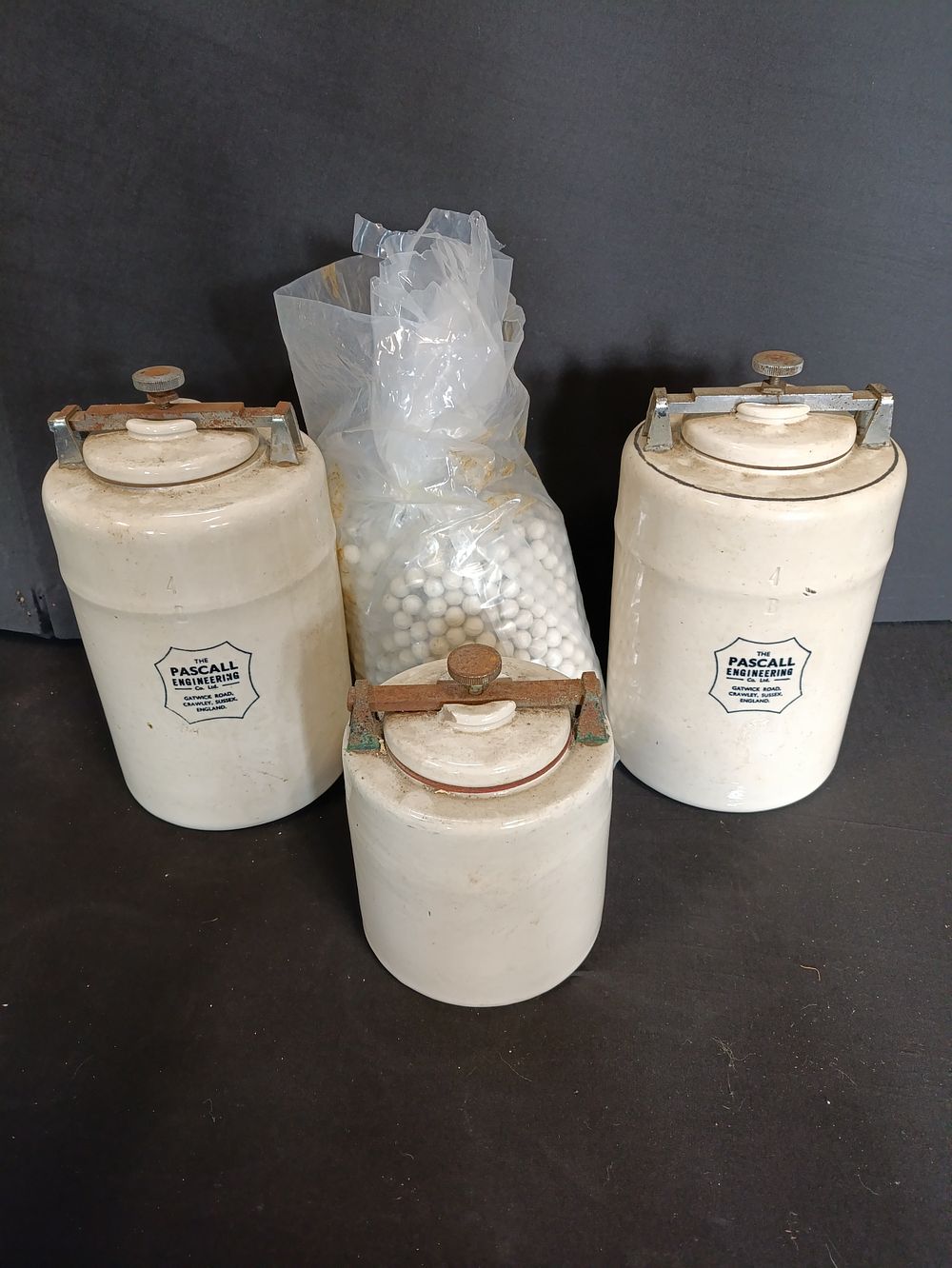 Lot 116: 3 Vintage ceramic ball Mill grinding jars by...