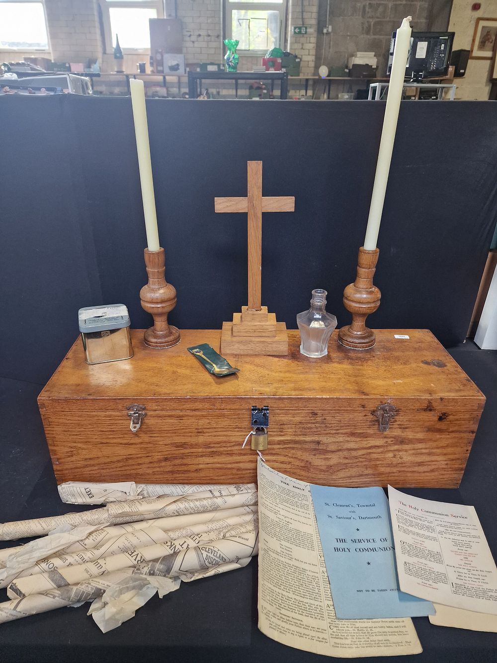 Lot 242: Vintage Travelling Holy Communion Service Box. Includes Candles,...