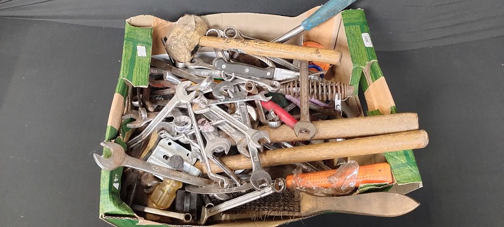 Lot 271: Box of mixed tools, hammers, mallets, spanners and...
