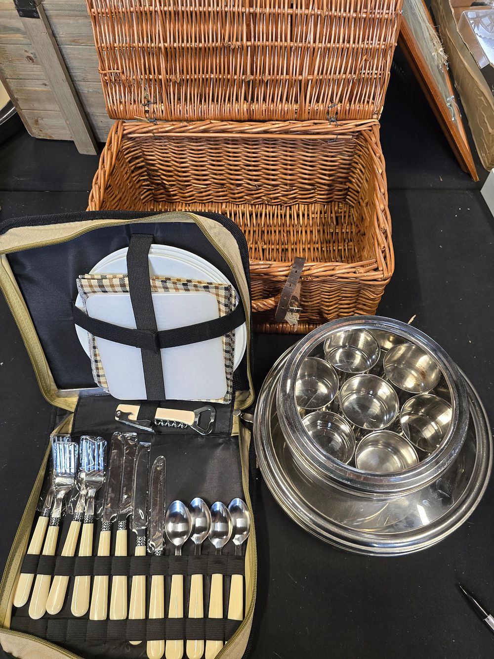 Lot 390: A wicker pinic basket with a full brand...
