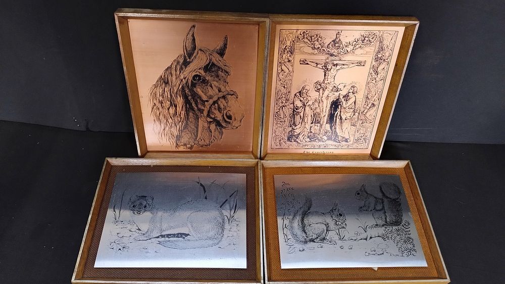 Lot 447: 4 framed metal artworks, Copper Etching The Crucifixion,...