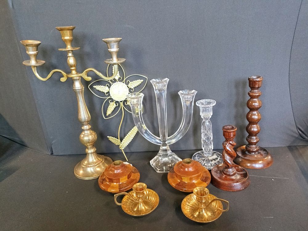 Lot 95: Collection of candlesticks including brass chamber candlesticks, glass...