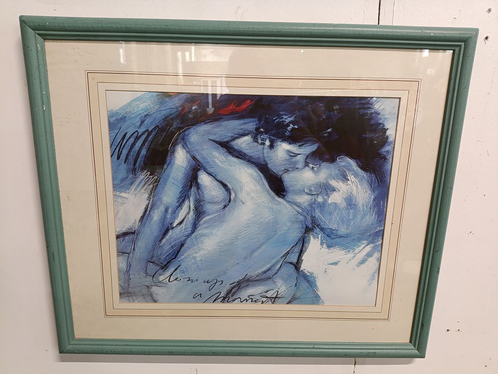 Lot 188: Framed "kissing couple in blue" by Joani approximately...