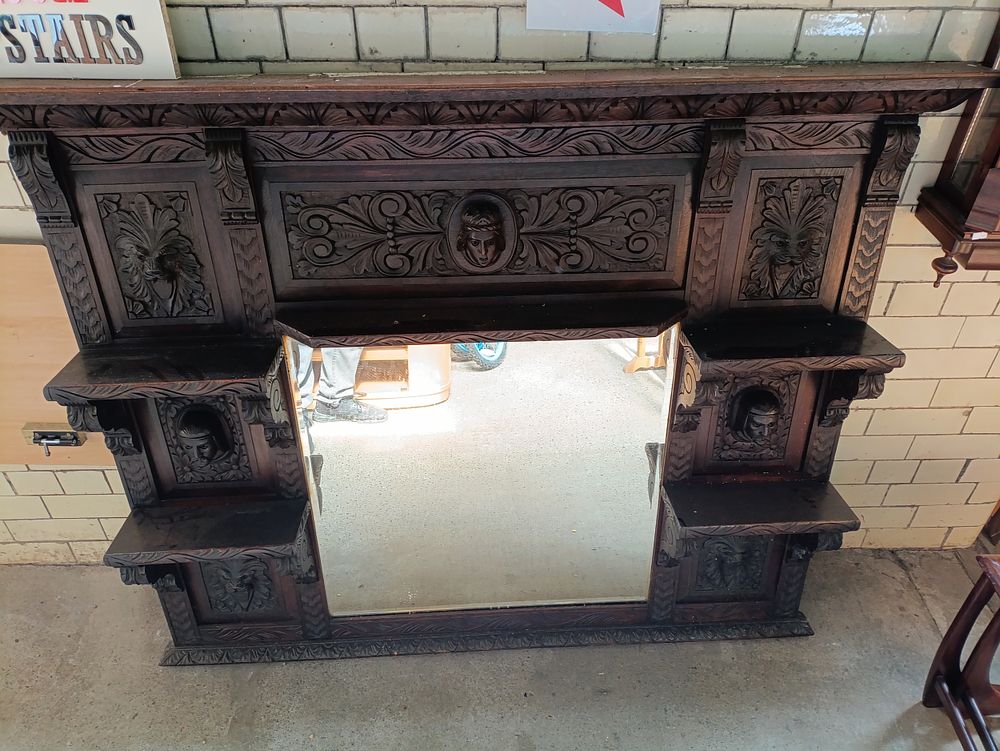 Lot 203: Large antique Rosewood arts and crafts overmantle, approximately...