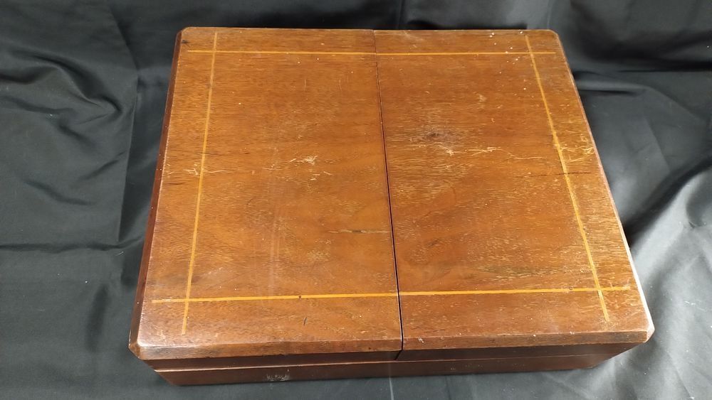 Lot 208: Wooden fold out cutlery storage box with velvet...