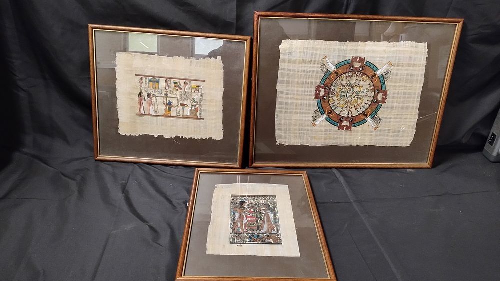 Lot 236: 3 Egyptian papyrus pictures in frames