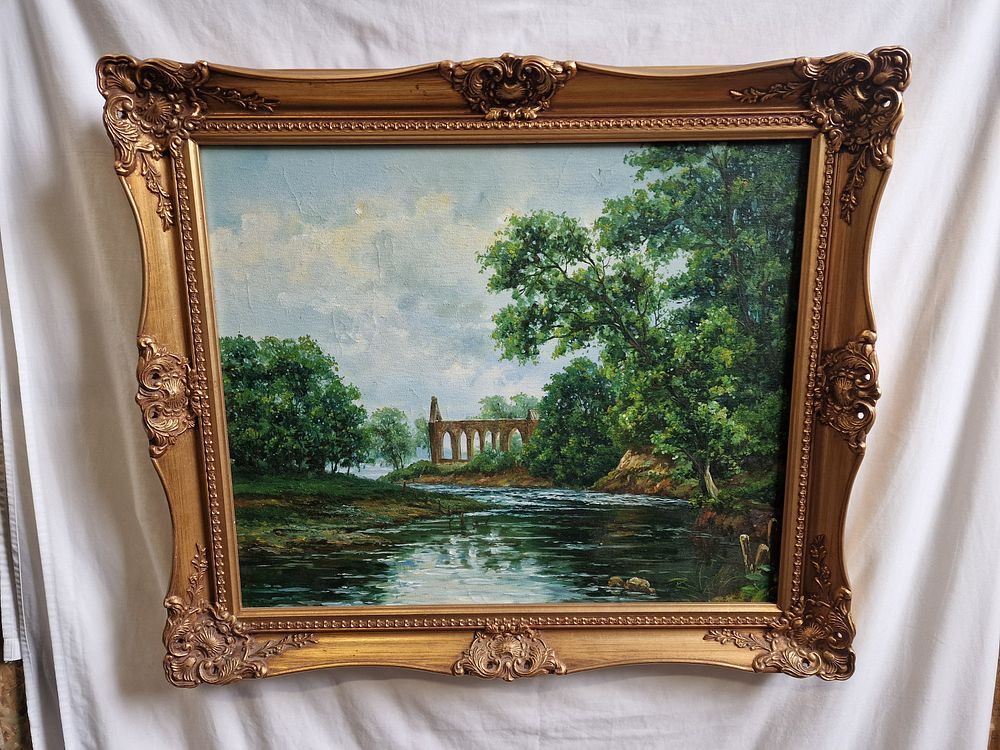 Lot 363: Oil and acrylic painting set in ornate gilt...