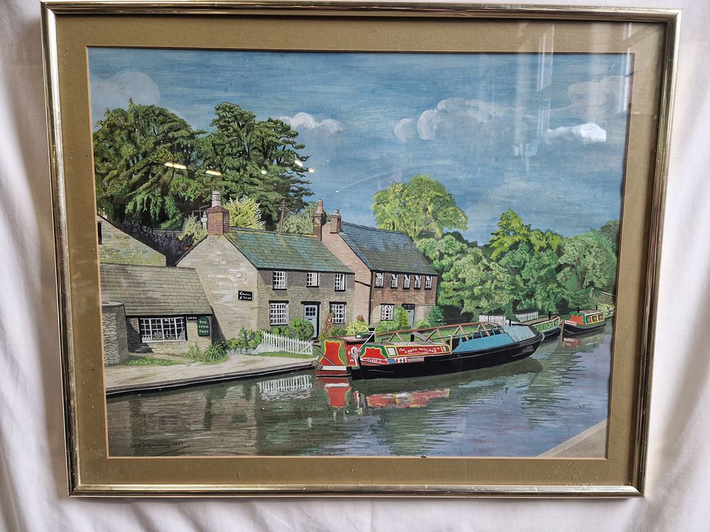 Lot 364: Watercolour painting of barge and canal set in...