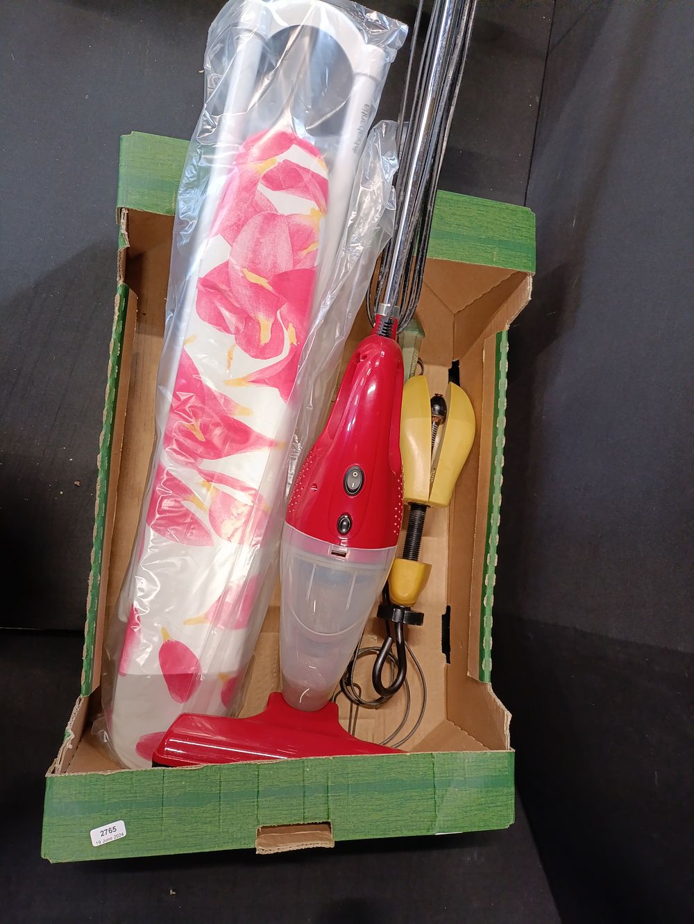 Lot 377: Box of home products including a miniature ironing...