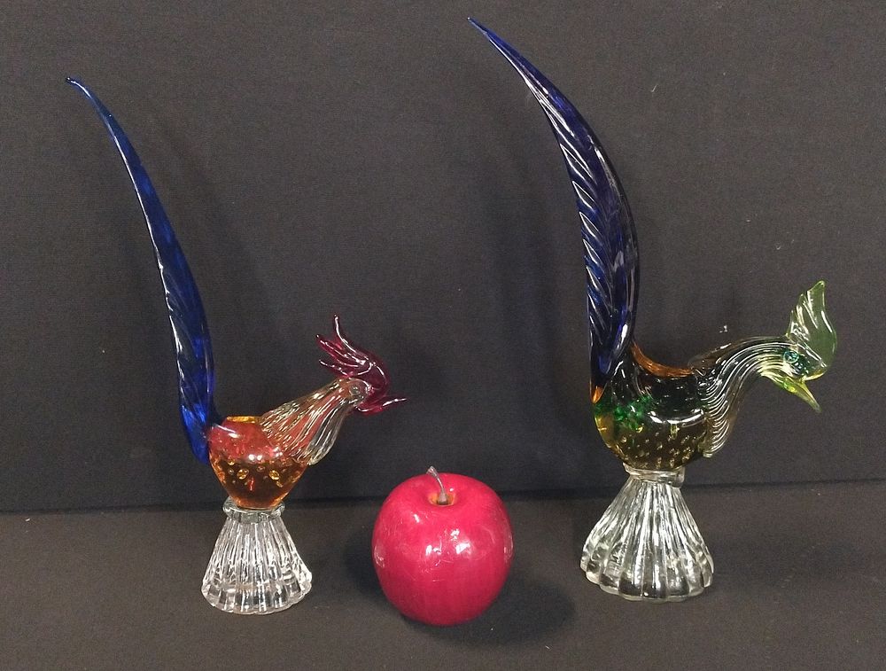 Lot 90: Two vintage Murano cockerels, one blue, green and...