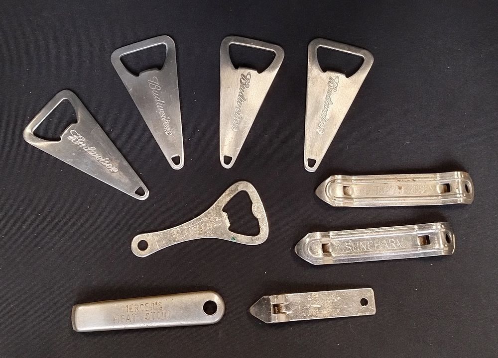Lot 178: 9 X bottle openers, Budweiser, Cussons, Mercer's Meat...